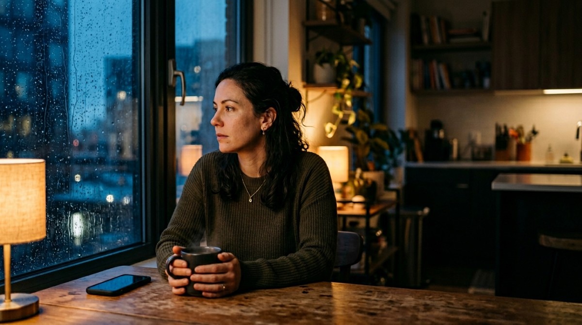 Woman sitting alone by a window on a rainy evening holding a mug, looking thoughtful and distant