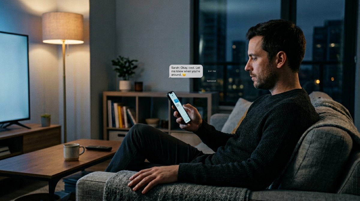 Man sitting on a couch at night looking at a text message on his phone with a serious expression