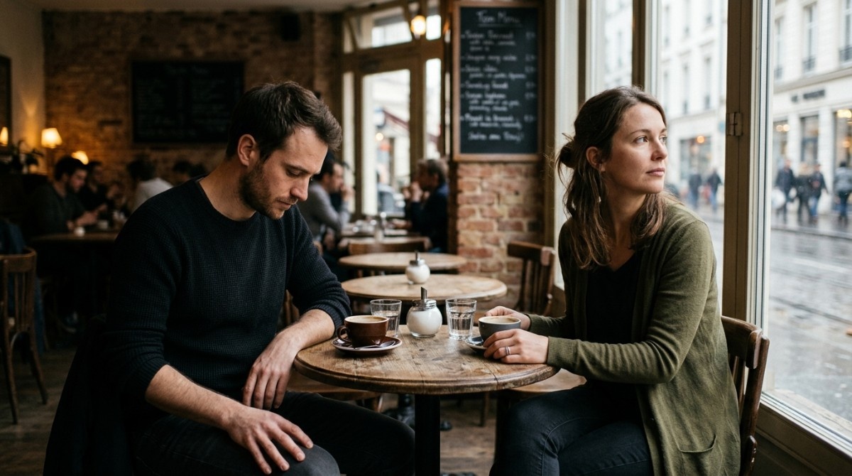 Couple sitting at a café table appearing emotionally distant and disconnected despite being together