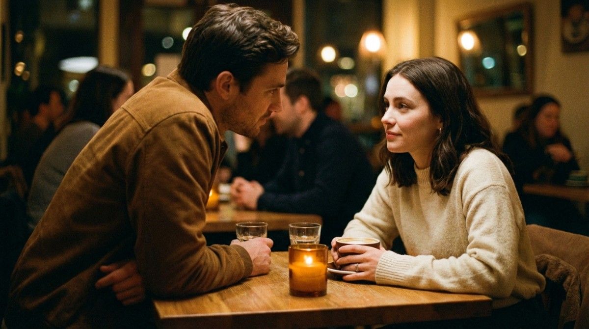 Man and woman sitting at a candle-lit table in a café, making eye contact and talking closely, representing a romantic date and strong emotional connection.