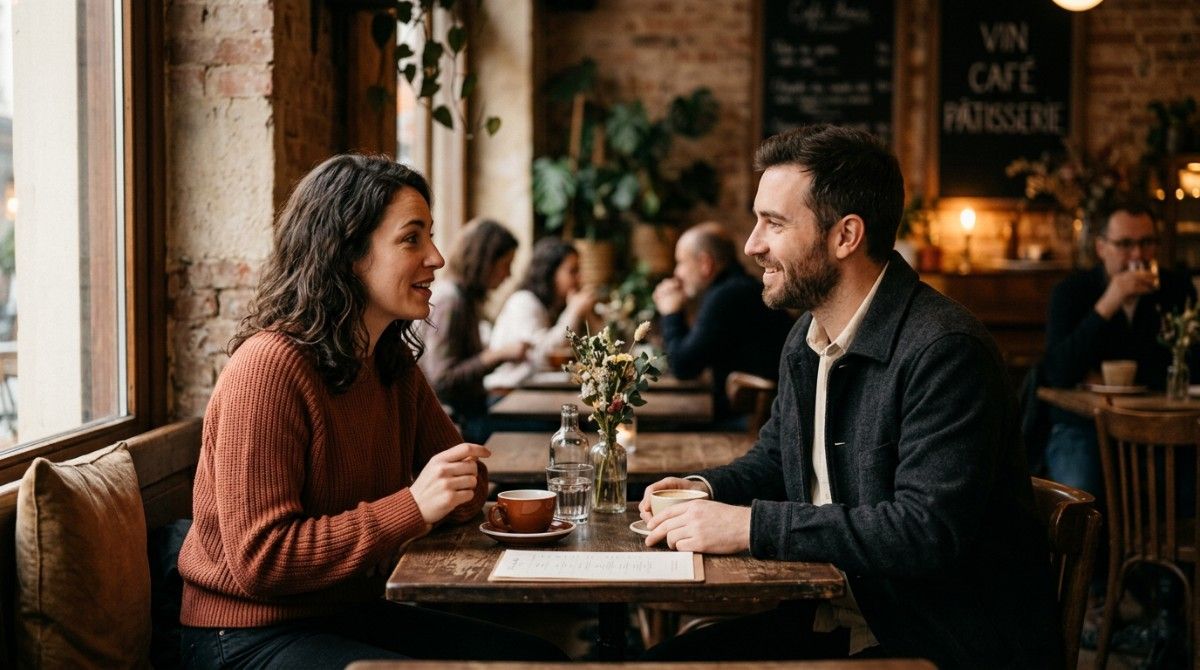 Man and woman sitting at a cozy café table, smiling and talking over coffee during a casual date.