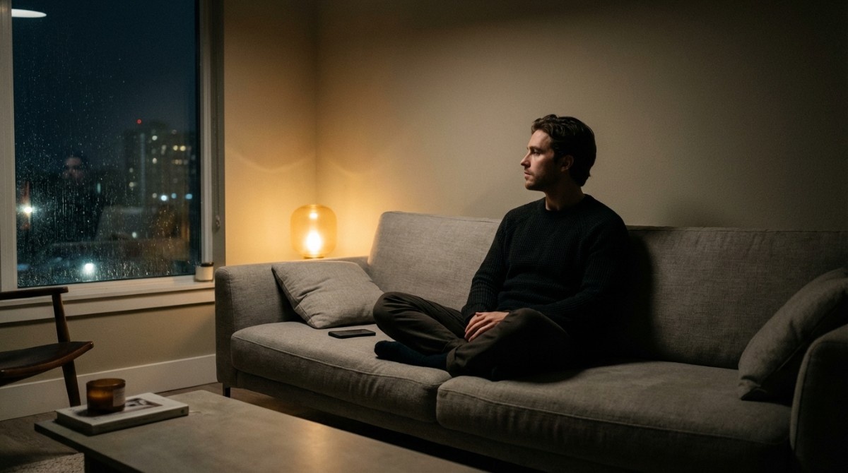 Man sitting on a couch in a dimly lit living room at night, looking away while his smartphone lies next to him, city lights visible through the window