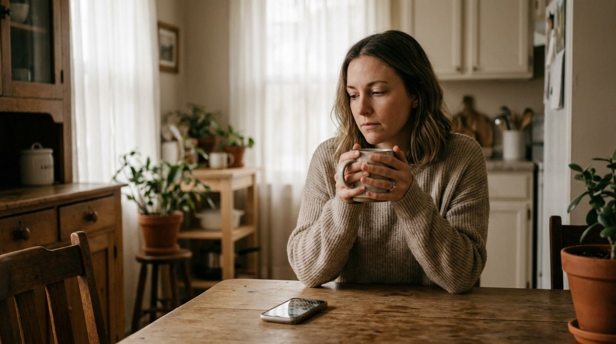 Woman holding a cup of coffee at a wooden table with her smartphone placed nearby, natural light coming through curtains in a calm home environment