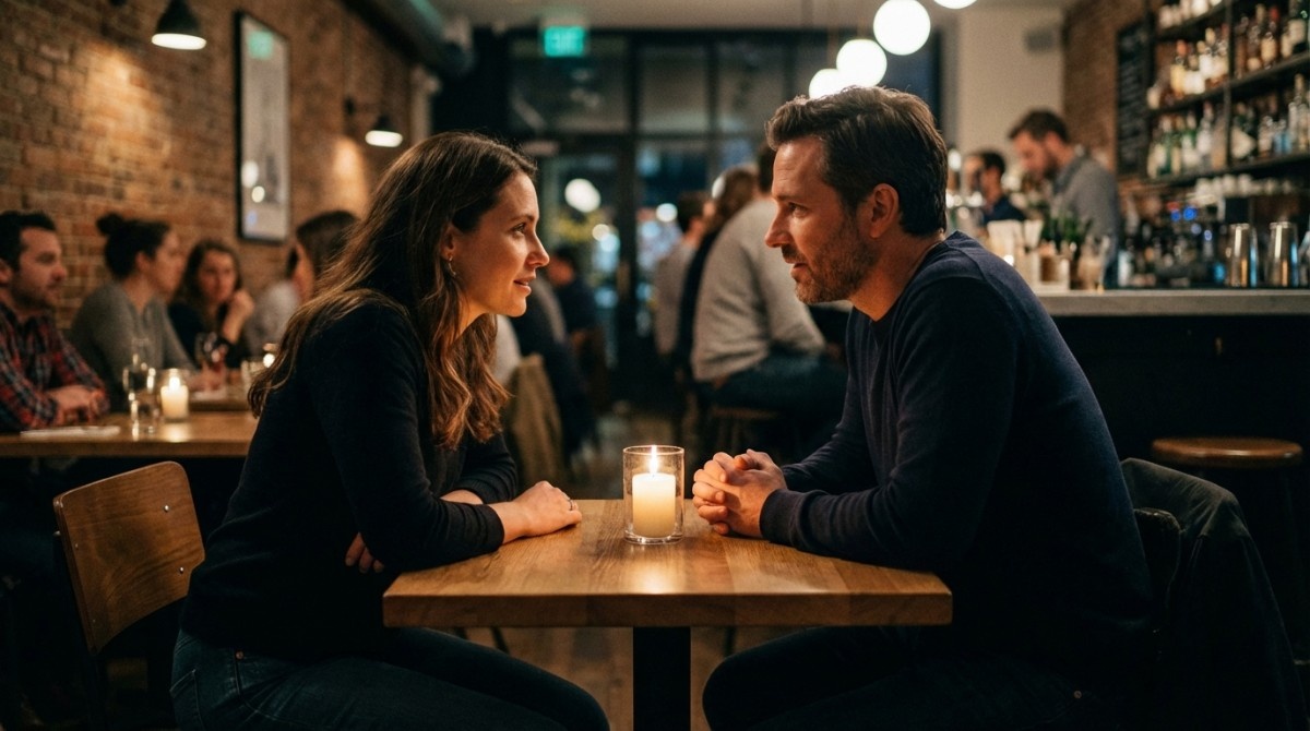 Man and woman sitting across each other at a restaurant table with a candle, talking closely in a warm and intimate evening setting