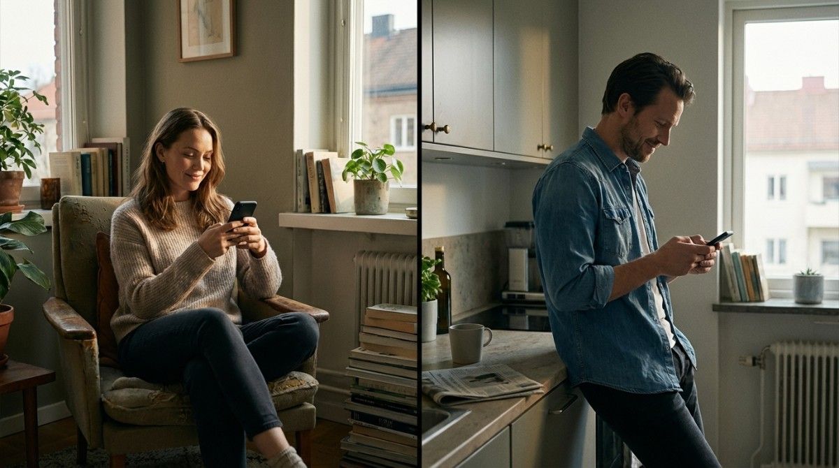 Man and woman smiling while texting each other from home on smartphones