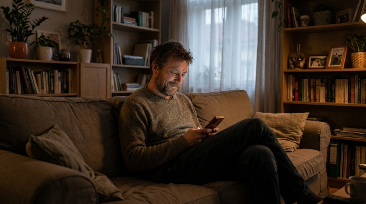 Man sitting on couch at night smiling while reading message on phone