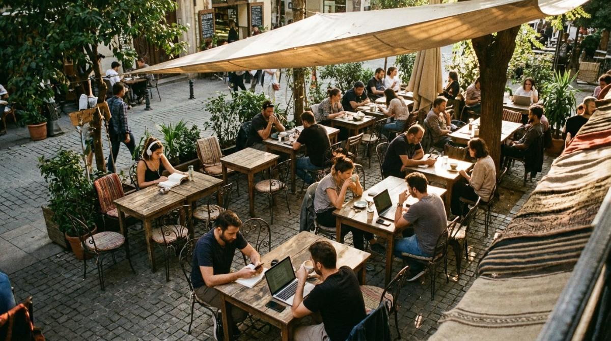 People sitting at outdoor café using phones and laptops in social setting