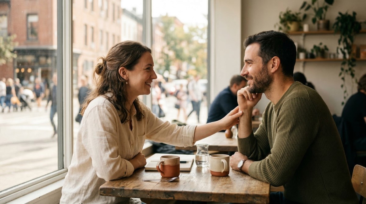Happy couple smiling and talking during coffee date in cozy café