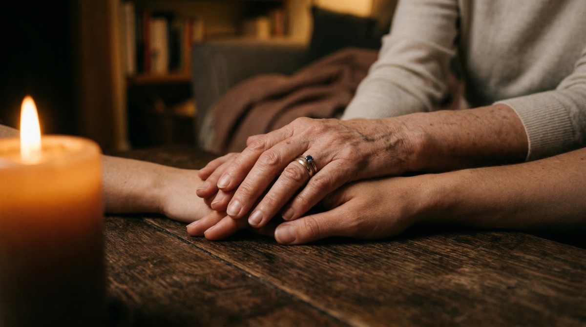 Couple holding hands across table with candlelight showing emotional support in relationship
