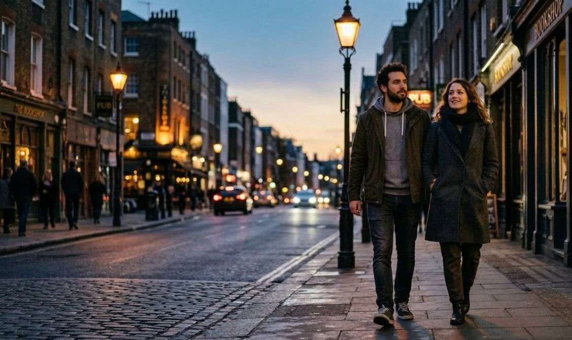 Couple walking together on city street during evening date