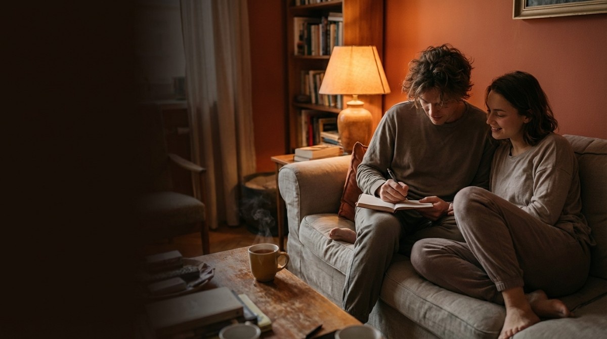 Couple sitting close together on a couch writing in a notebook, sharing a calm and collaborative moment