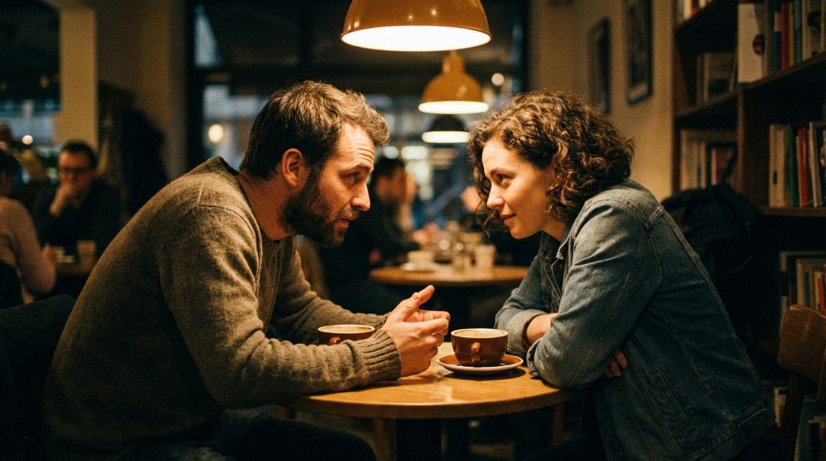 Man and woman leaning in toward each other during an intense and meaningful conversation at a café table