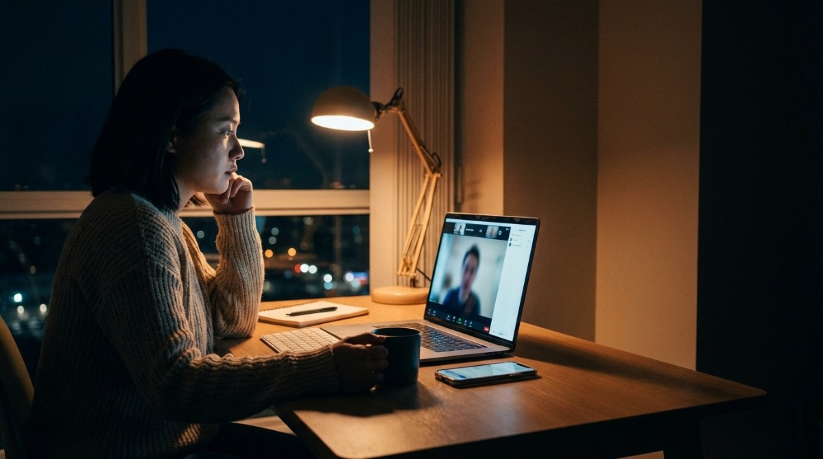 Woman working on laptop at night during video call in dimly lit room
