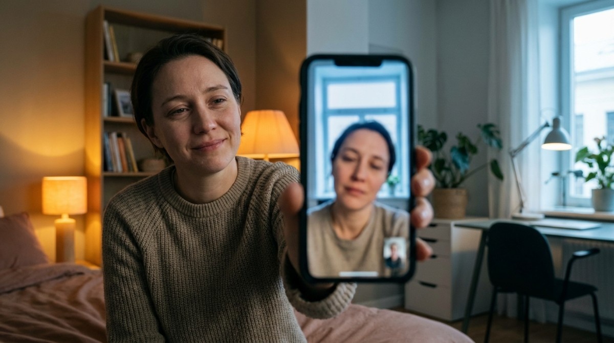 Woman holding phone during video call smiling while talking to someone remotely