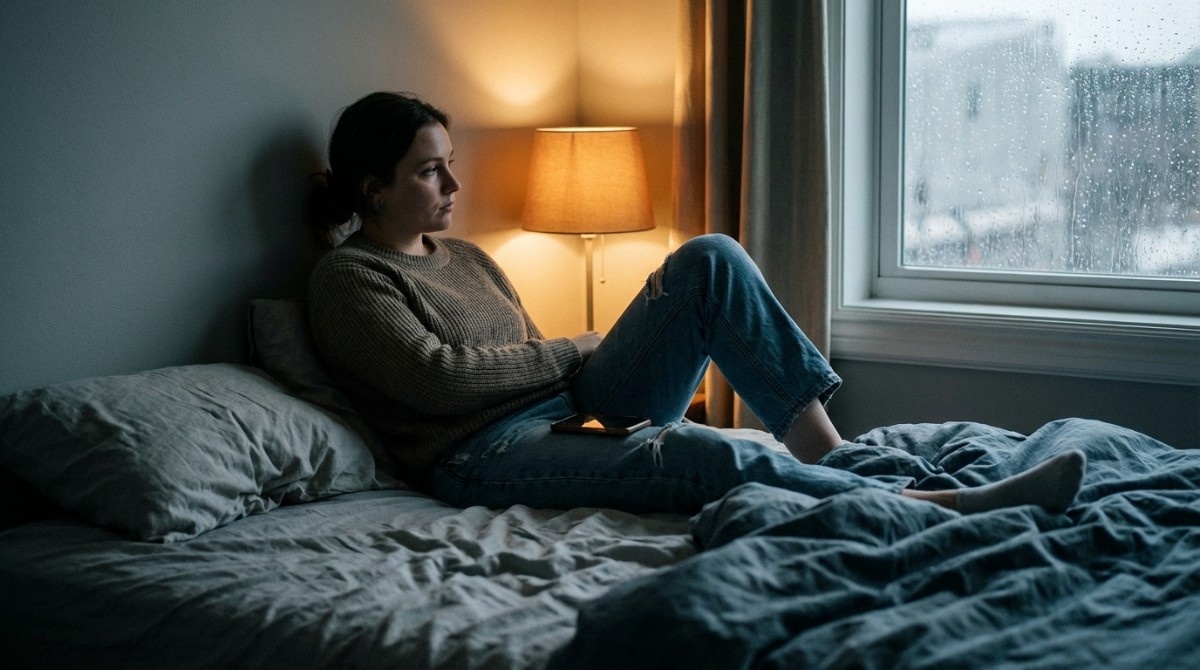 Woman sitting alone on bed looking out rainy window feeling sad and reflective