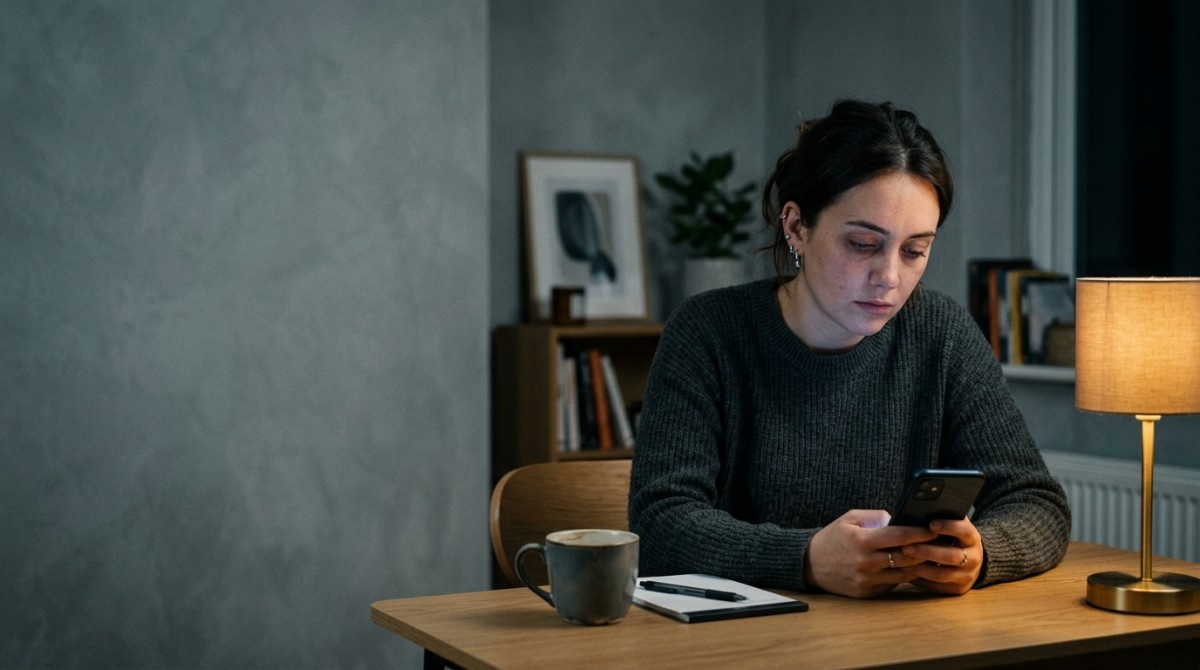 Woman sitting at a desk at night looking tired and emotionally drained while holding her phone