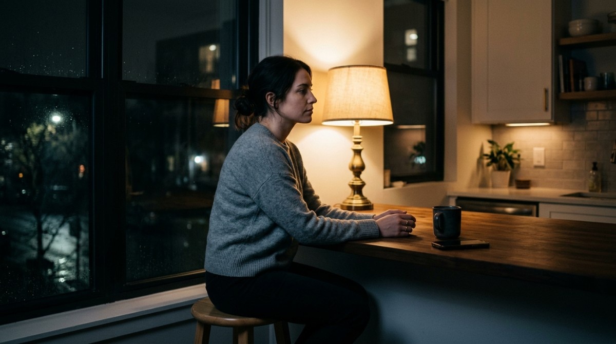 Woman sitting alone at a kitchen counter at night with a cup, looking thoughtful and distant