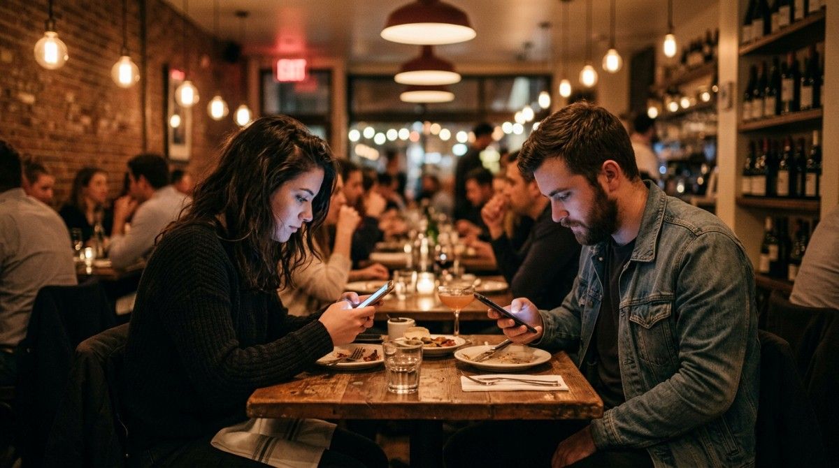 Couple sitting at a restaurant table together but both looking at their phones instead of interacting