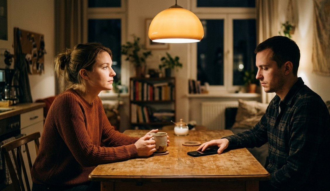 Couple sitting silently at table showing relationship tension and disconnect