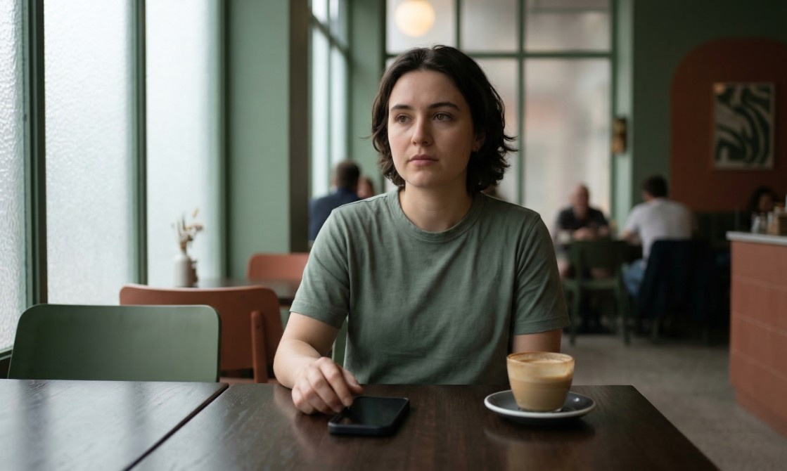 Woman sitting alone in café looking thoughtful with phone on table