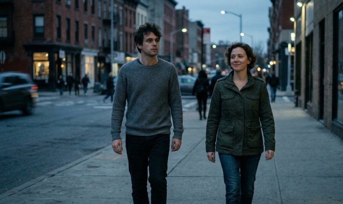 Man and woman walking together on city street with emotional distance
