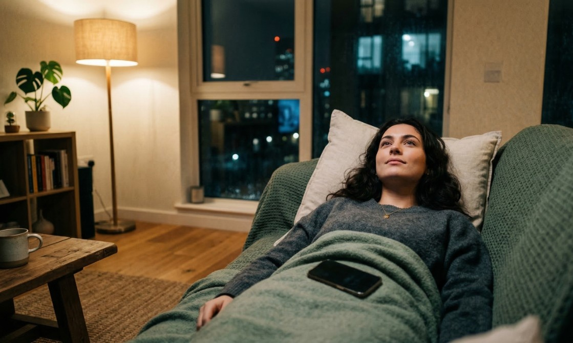 Woman lying on couch at night with phone feeling emotionally drained