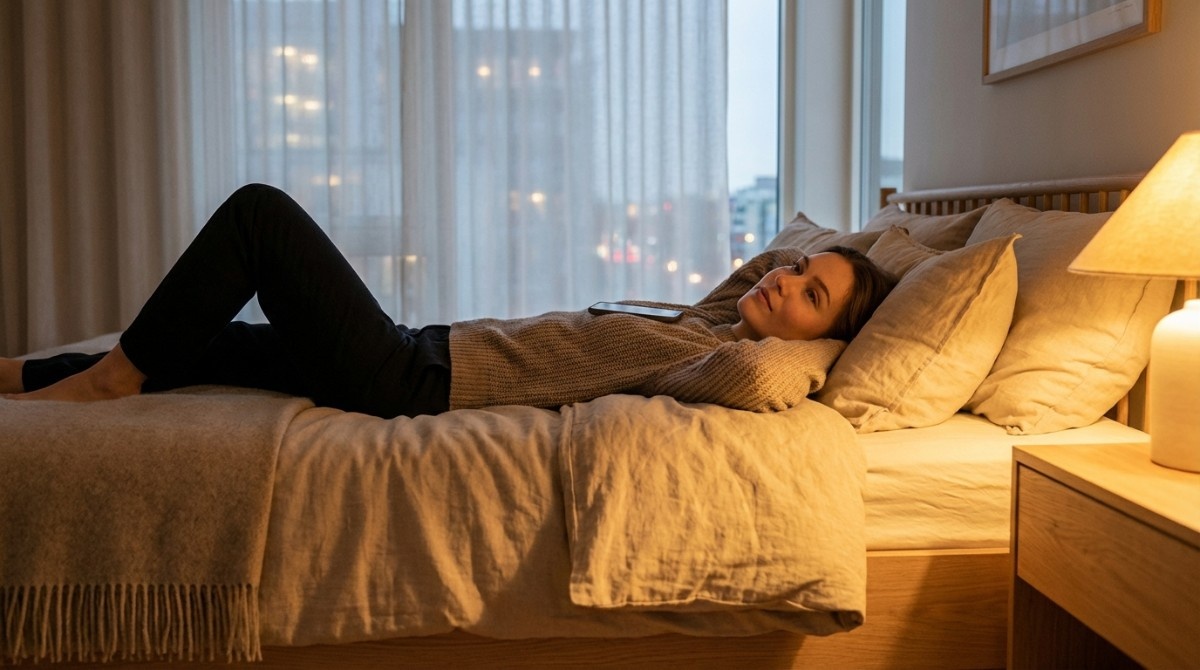 Woman lying on bed looking at her phone at night, reflecting loneliness, overthinking, and emotional isolation.