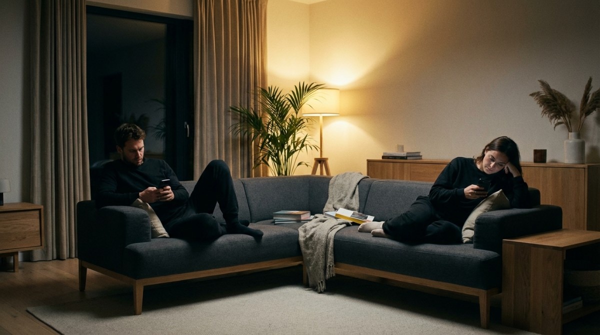 Man and woman sitting on the same couch using phones, showing emotional disconnection and lack of communication in a relationship.