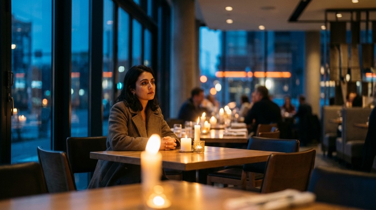 Woman sitting alone at candlelit restaurant table waiting during a date