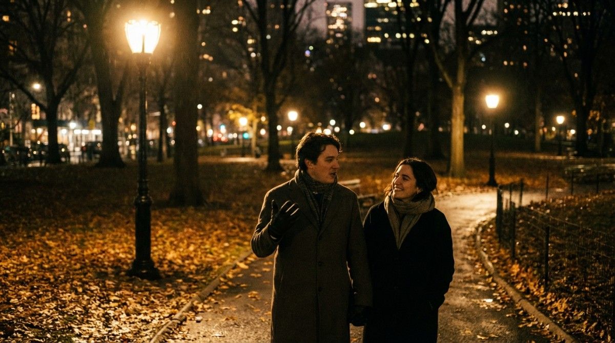 Couple walking and talking together in a city park at night under street lights