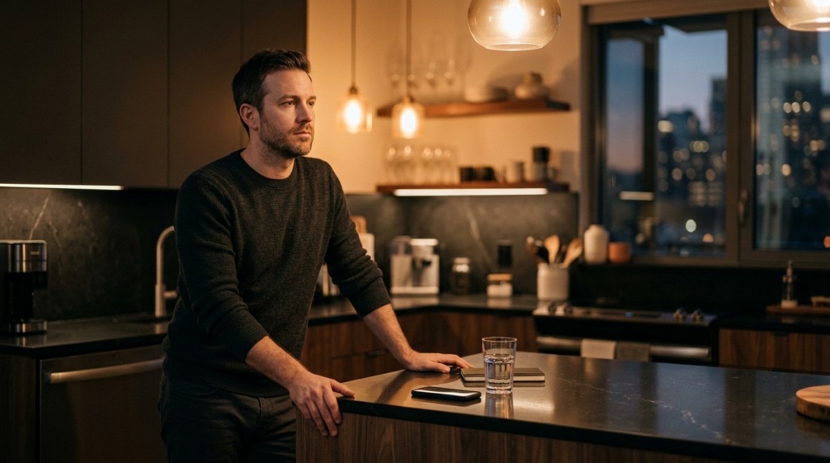 Man standing alone in a modern kitchen at night, leaning on a counter with a glass of water and phone nearby, appearing deep in thought about a relationship.
