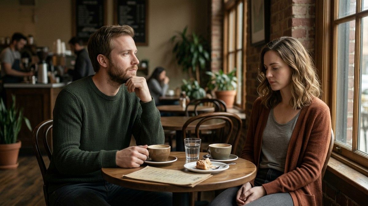 Man and woman sitting across from each other in a cozy café with coffee cups, avoiding eye contact and showing emotional disconnect in a relationship.