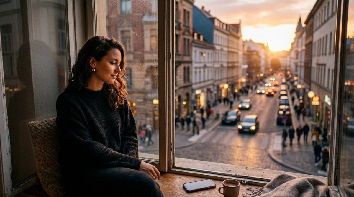 Woman sitting by a window at sunset overlooking a city street, with a phone beside her, reflecting on waiting for a message or response.