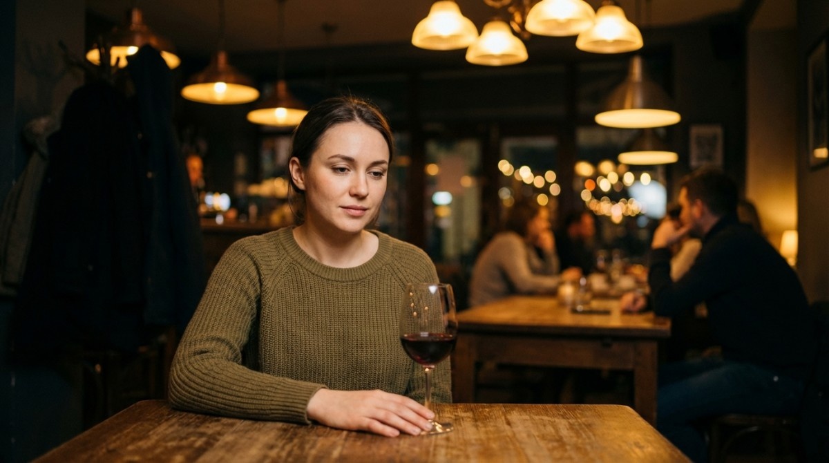 Woman sitting alone at a restaurant table with a glass of wine, appearing thoughtful and emotionally distant in a dimly lit setting.