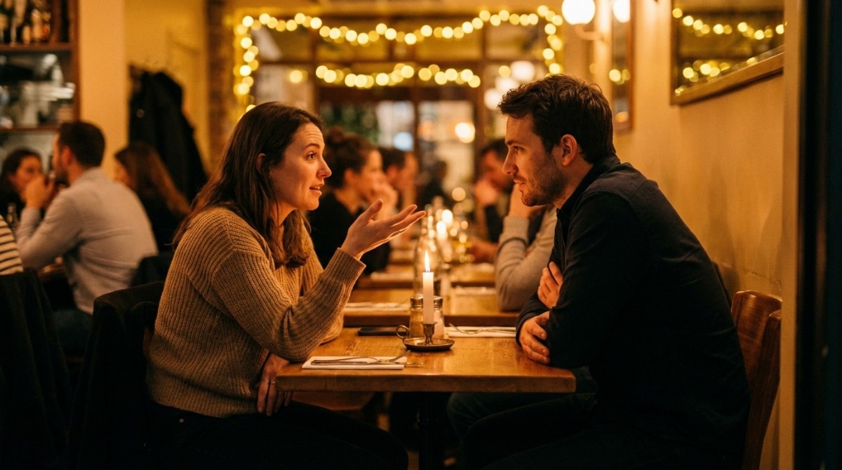 Man and woman sitting across each other in a cozy restaurant, engaged in an intense conversation during a date.