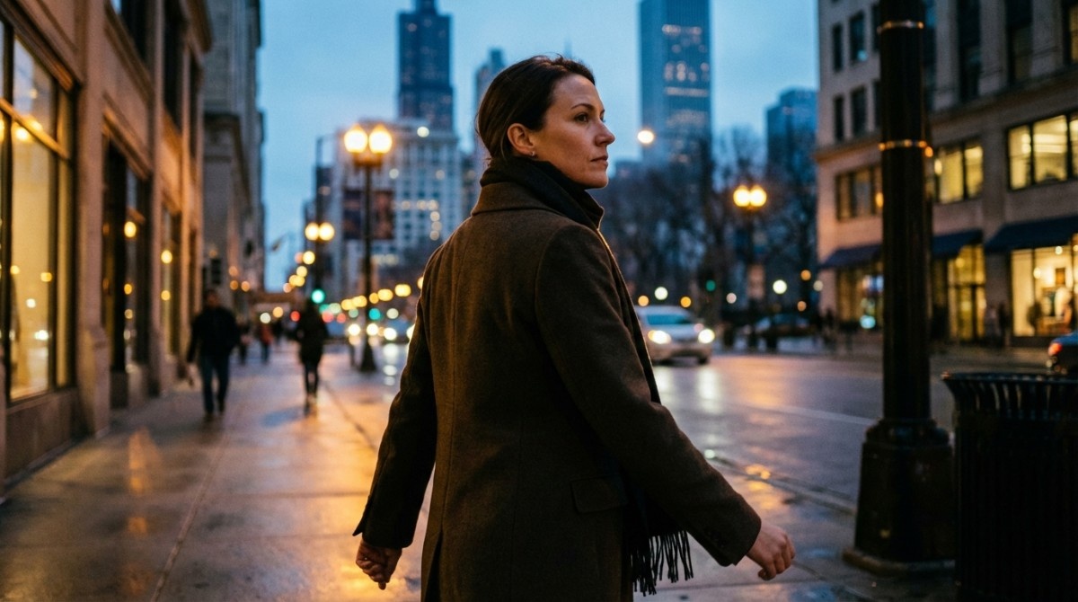 Woman walking alone on a city street at dusk, symbolizing independence, emotional detachment, and moving on from a relationship.