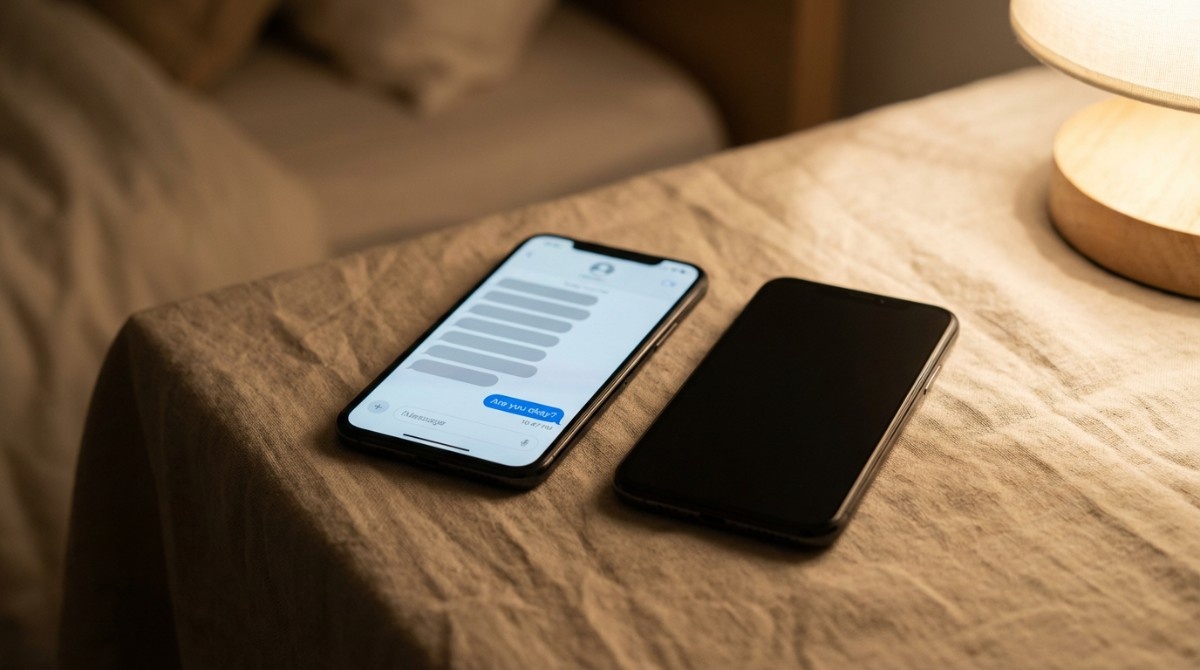 Two smartphones on a bedside table, one showing a messaging app conversation and the other turned off, symbolizing ghosting