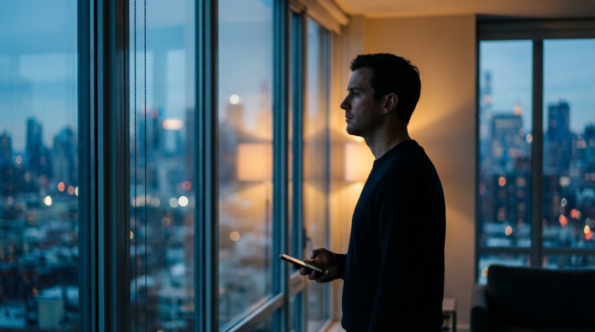 Man standing by apartment window at night holding phone, looking outside thoughtfully while waiting for a message reply