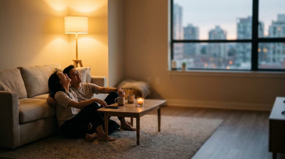 Couple sitting together on the living room floor, laughing and relaxing beside a coffee table with candles and mugs.